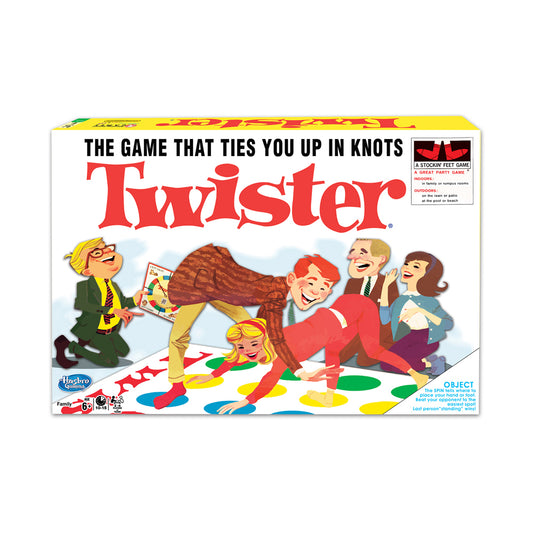 THE GAME THAT TIES YOU UP IN KNOTS Twister box showing illustrated players on colorful dots with spinner, Hasbro Gaming