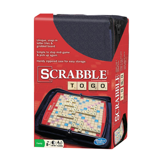 Scrabble To Go game box showing snap-in letter tiles, gridded board in black zippered case, and sample gameplay with tiles spelling words on the board