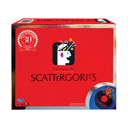 Scattergories 30th Anniversary Edition board game box with red cover, game logo, mechanical timer, and Hasbro branding