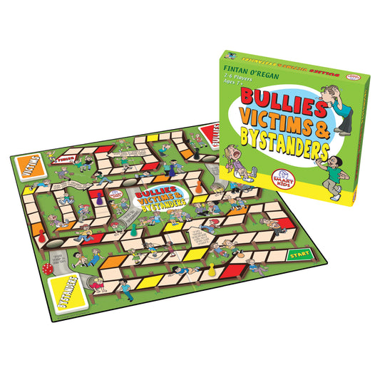 Bullies, Victims & Bystanders board game by Fintan O'Regan, showing game board with illustrated children in various scenarios and a colorful game box