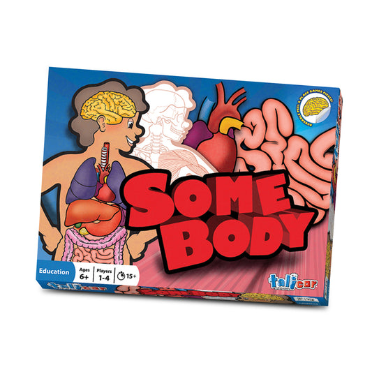 SomeBody Anatomy Game box showing illustrated human body with labeled brain, heart, lungs, liver, and intestines on blue background, ages 6+, 1-4 players