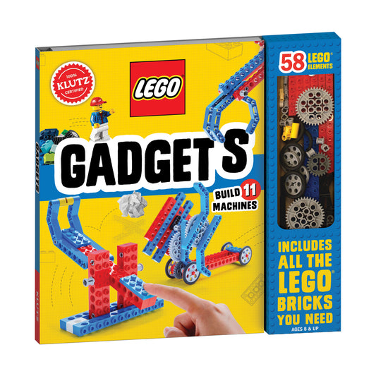 LEGO Gadgets building set box showing 58 elements, Build 11 Machines instruction book with gears and mechanical pieces visible on blue panel, hand positioning r