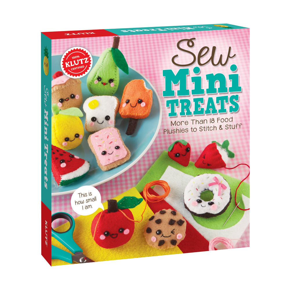 Klutz Sew Mini Treats box showing small plush food crafts including pear, strawberry, cookie, donut, and lemon with embroidered faces, plus colorful thread and