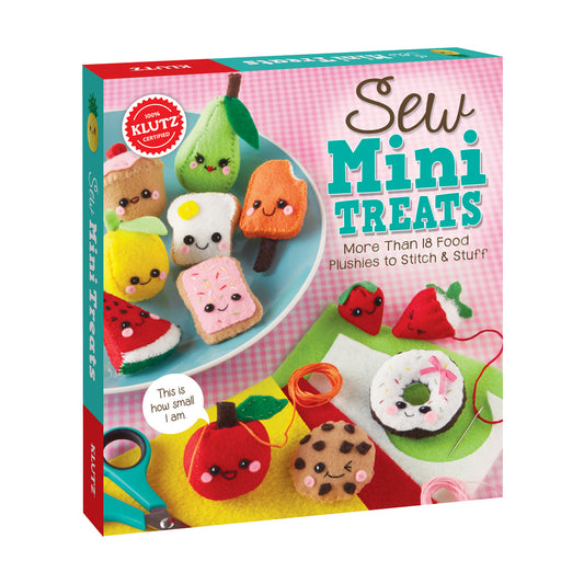Klutz Sew Mini Treats box showing small plush food crafts including pear, strawberry, cookie, donut, and lemon with embroidered faces, plus colorful thread and