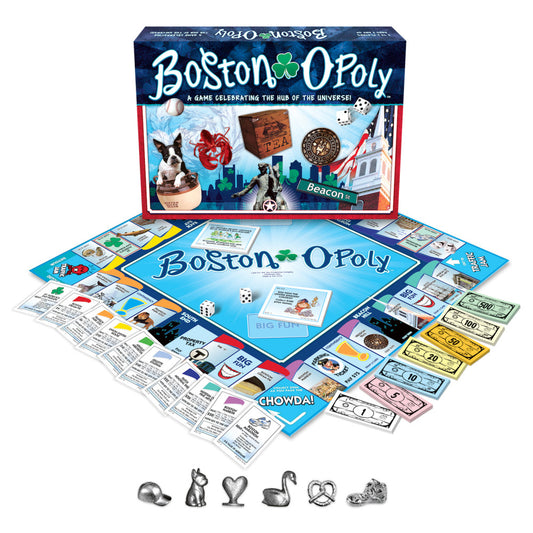 Boston-opoly board game displayed with game board, box, property cards, play money in various denominations, dice, and six metal player tokens including a dog,