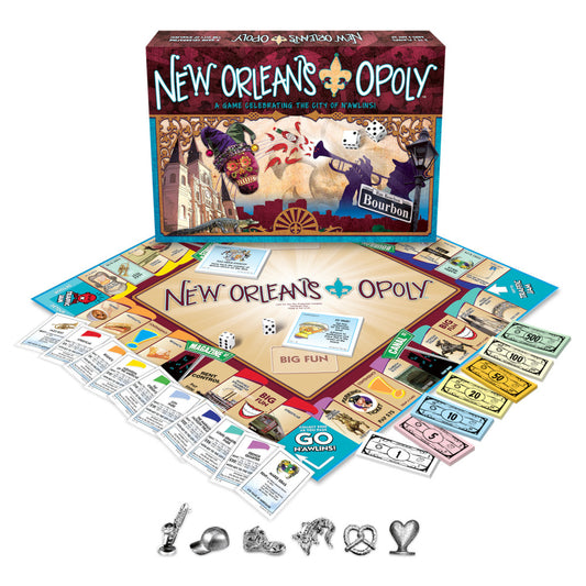 New Orleans-opoly board game box and contents displayed, including game board, colorful money, property cards, dice, and metal game pieces themed around New Orl