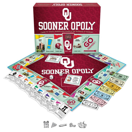 Sooner Opoly board game set with burgundy box, game board, property cards, play money, dice, and game pieces featuring University of Oklahoma branding and campu
