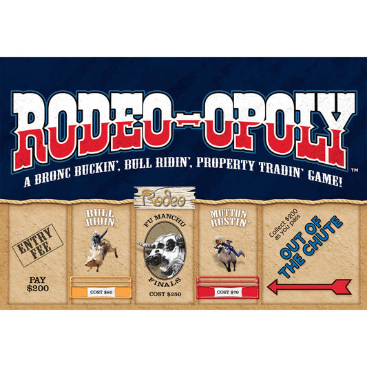 Rodeo-Opoly board game box cover featuring western-themed game board with spaces for Entry Fee, Bull Ridin', Pu Manchu Finals, Mutton Rustin', and Out of the Ch