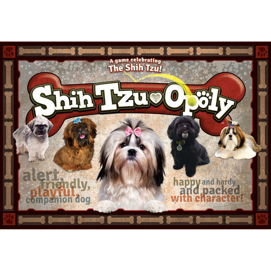 Shih Tzu-opoly board game box featuring five Shih Tzu dogs and game title, described as alert, friendly, playful companion dog game