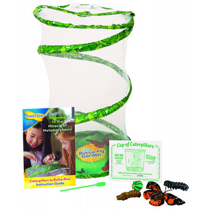 Insect Lore Giant Butterfly Garden 18-inch habitat with green mesh enclosure, instruction guide, and live caterpillar...