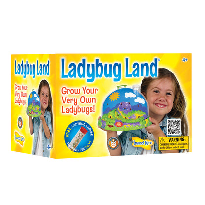 Ladybug Land Growing Kit box showing dome habitat with colorful landscape scene and girl holding the product