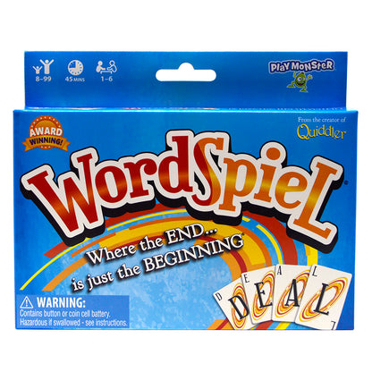 WordSpiel card game box featuring colorful rainbow design, award-winning word-building game for 1-6 players