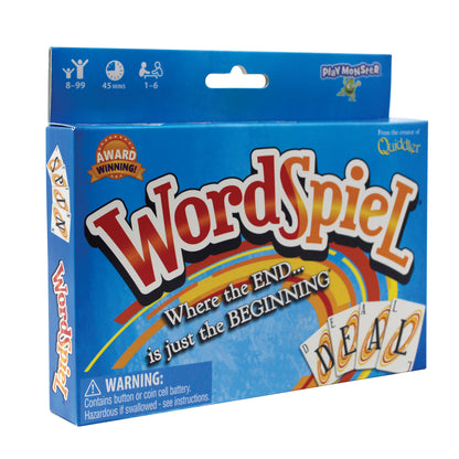 WordSpiel card game box featuring award-winning word-building gameplay with colorful rainbow design and game cards vi...