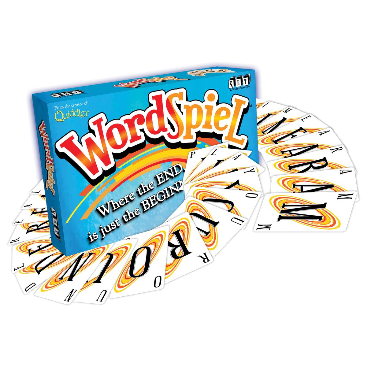 WordSpiel card game box with colorful letter cards fanned out, word-building party game from Quiddler creator