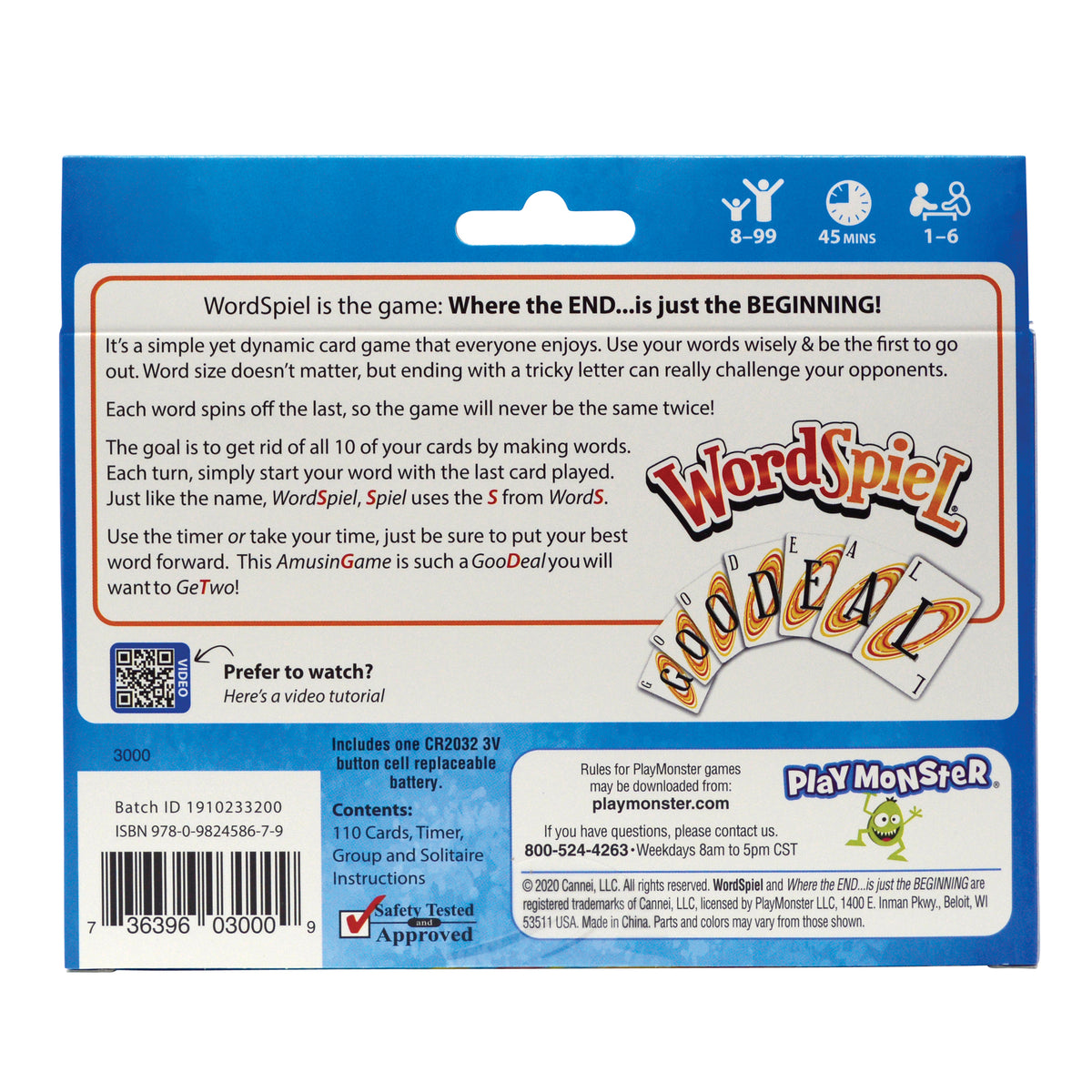WordSpiel Card Game box showing colorful letter cards and game components for 1-6 players