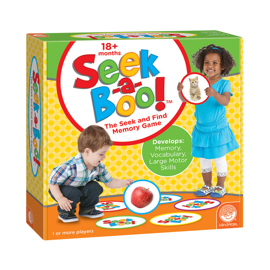 Seek-a-Boo The Seek and Find Memory Game box showing two children playing with colorful matching cards featuring objects like a cat and apple