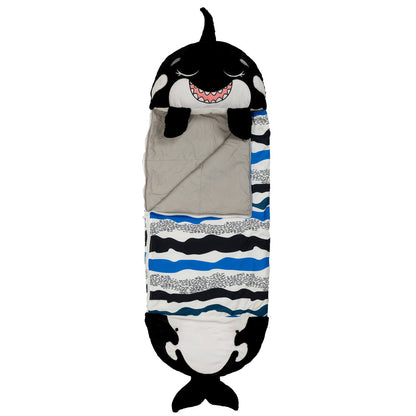 Happy Nappers Ozzy Black Shark plush pillow with striped sleeping bag, blue and black
