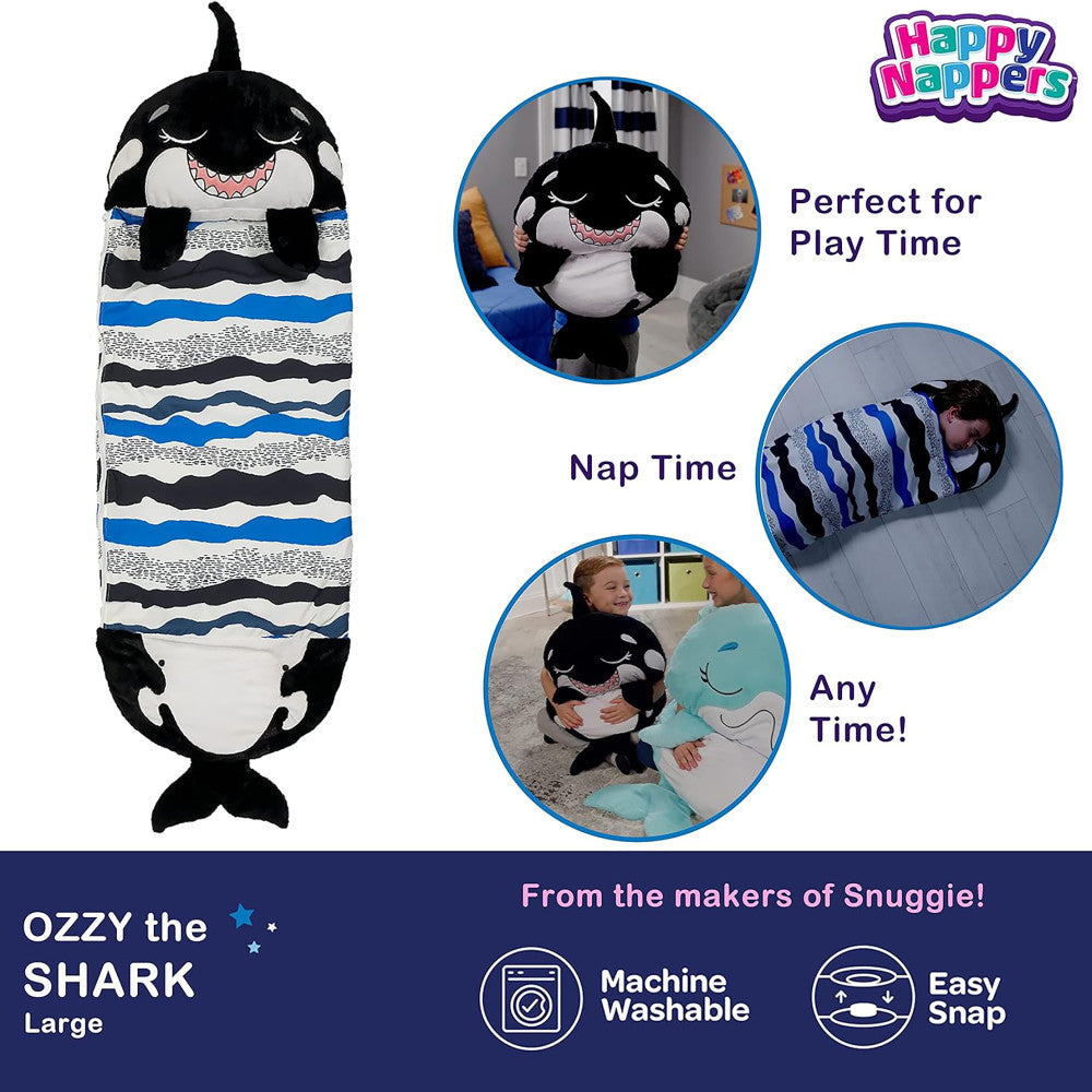 Happy Nappers Ozzy the Shark Large - Black and blue striped pillow sleepy sack with easy snap closure