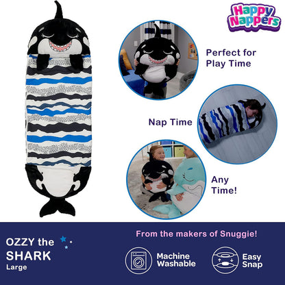 Happy Nappers Ozzy the Shark Large - Black and blue striped pillow sleepy sack with easy snap closure