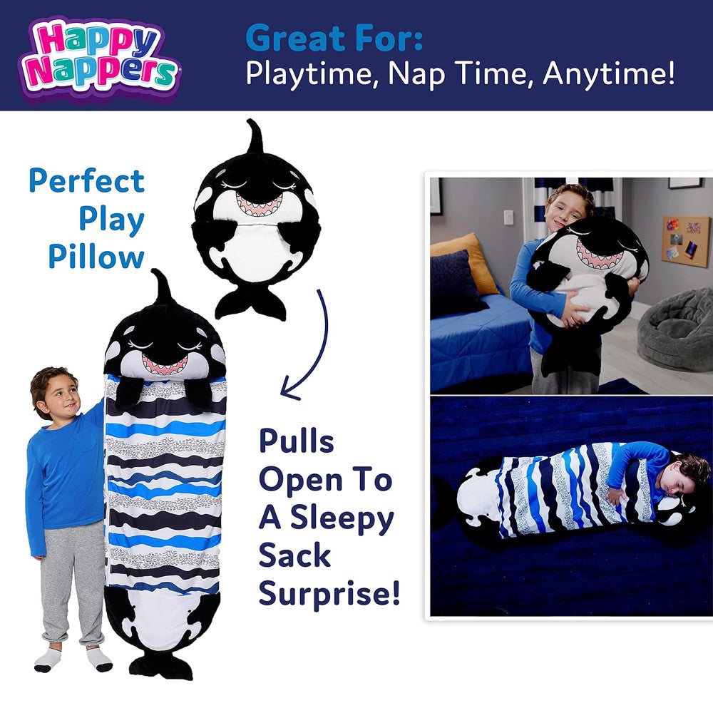 Happy Nappers Ozzy Black Shark pillow transforms into sleepy sack with blue stripes