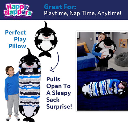 Happy Nappers Ozzy Black Shark pillow transforms into sleepy sack with blue stripes