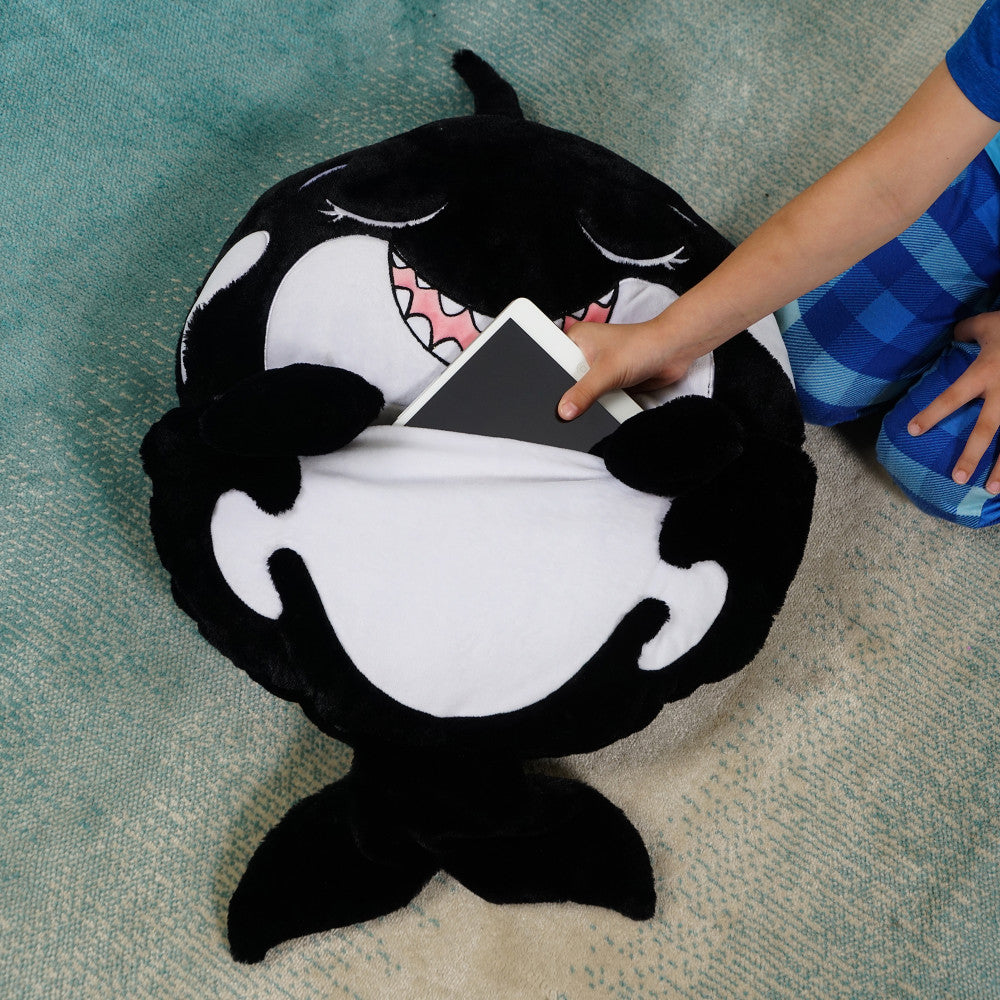 Happy Nappers Ozzy Black Shark pillow with white belly and storage sack