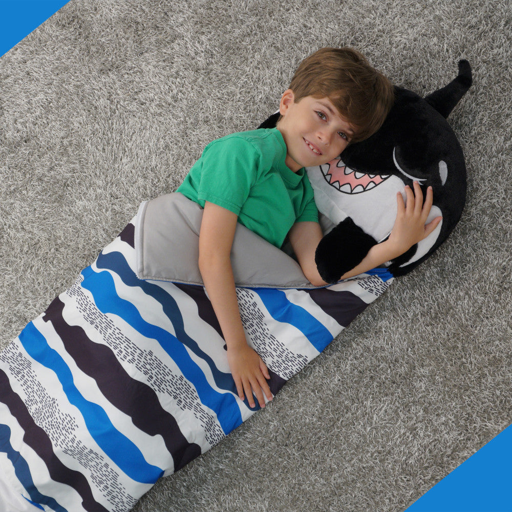 Happy Nappers Ozzy Black Shark pillow with blue striped sleeping bag sack