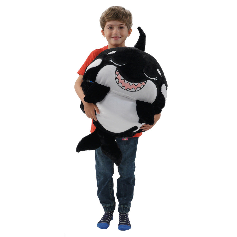 Happy Nappers Ozzy Black Shark plush pillow with white belly and pink mouth details