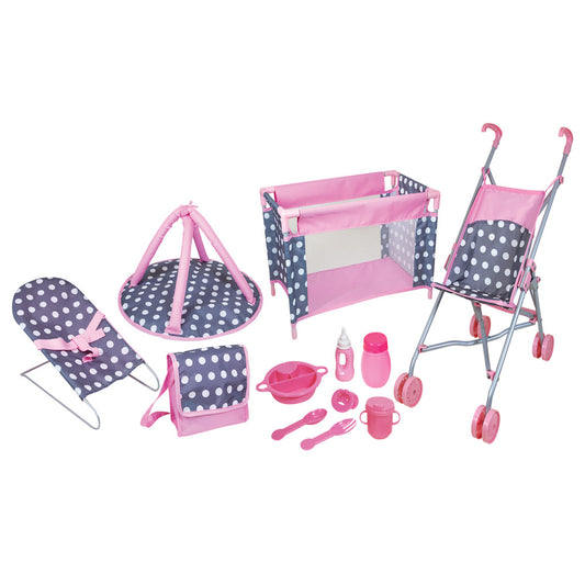 Doll nursery playset with pink and navy polka-dot furniture including bouncer, play pen, stroller, and accessories like bottles, dishes, and utensils