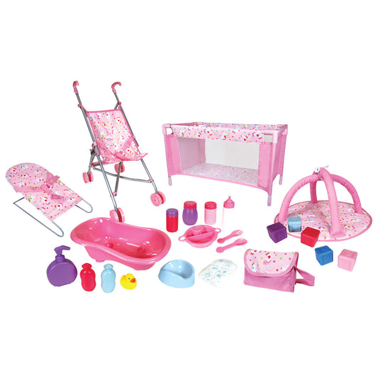 Pink doll nursery playset with stroller, bouncer seat, bathtub, crib, play pen, feeding bottles, bath accessories, and diaper bag on plain background