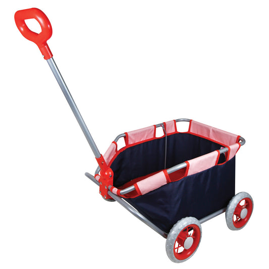 Red and navy doll pull cart with foldable fabric basket, gray handle, and red wheels
