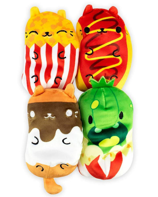 Four colorful plush toys with smiling faces: yellow popcorn bucket, red hot dog, brown ice cream cone, and green cactus