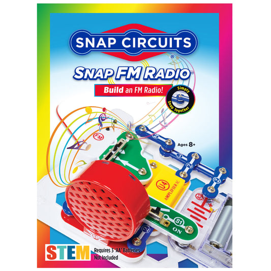 Snap Circuits FM Radio building kit box showing colorful snap-together circuit components including red speaker, green and blue circuit boards, and metal snaps