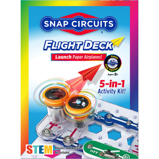 Snap Circuits Flight Deck box showing colorful circuit board with illuminated components, paper airplane, and text 'Launch Paper Airplanes! 5-in-1 Activity Kit'