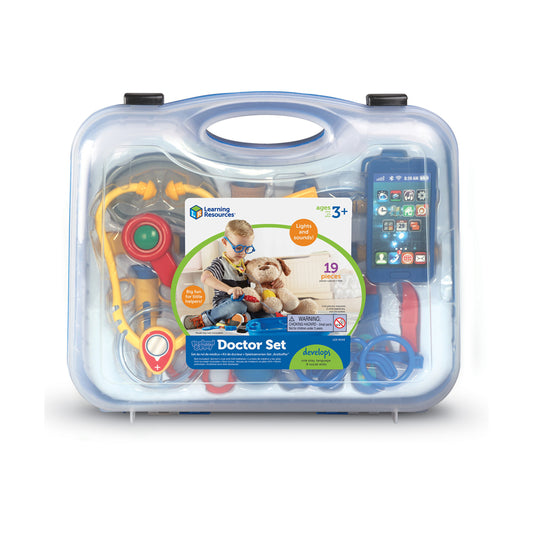 Learning Resources Pretend & Play Doctor Set in clear carrying case with 19 pieces including stethoscope, otoscope, and toy smartphone, ages 3+