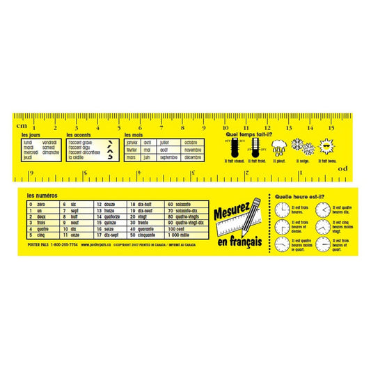 French vocabulary learning bookmark with ruler, days of week, months, numbers 0-1000, weather phrases, and telling time examples in French