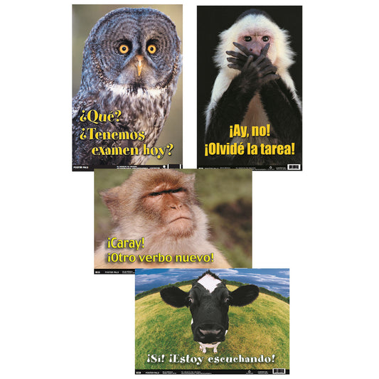 Four educational posters with Spanish language text and animal photos: gray owl, white monkey, brown monkey, and black cow with green field background