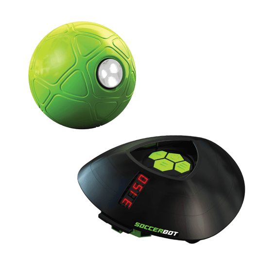 Green lime soccer ball with turtle shell pattern and LED eyes, paired with black SoccerBot charging base with lime green hexagon display window
