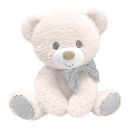 Ivory Tumbles Bear plush with gray ears, paw pads, and nose, wearing a gray ribbon bow