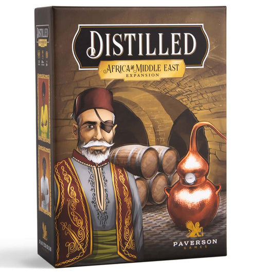 Distilled Africa & Middle East Expansion board game box featuring illustrated man in traditional clothing, wooden barrels, and copper distillery vessel