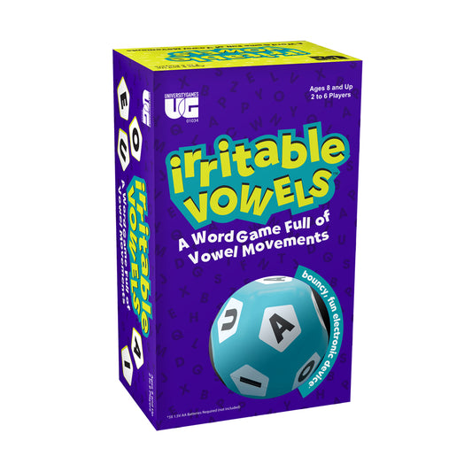 Irritable Vowels board game box with purple packaging, yellow title text, and teal bouncy ball with letter vowels, for ages 8 and up, 2 to 6 players