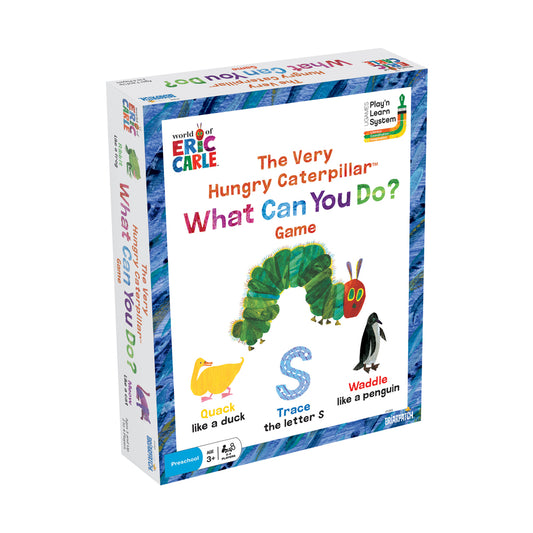 The Very Hungry Caterpillar What Can You Do? Game box featuring Eric Carle artwork with a green caterpillar, yellow duck, penguin, and letter S on white backgro