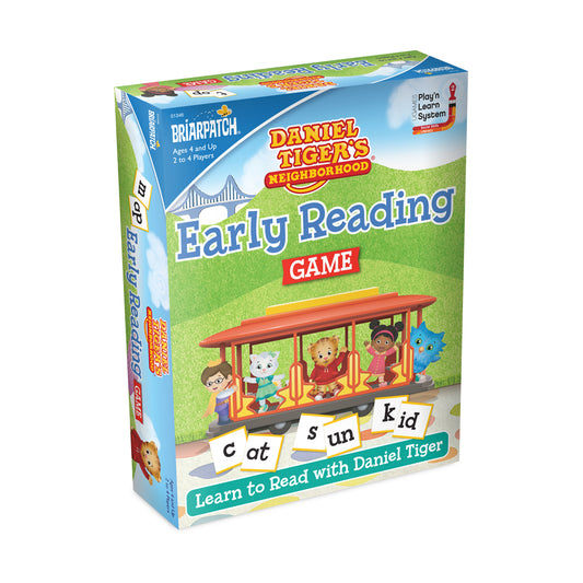 Daniel Tiger's Neighborhood Early Reading Game box showing cartoon characters on a red streetcar with word cards spelling 'cat sun kid', ages 4 and up, 2 to 4 p