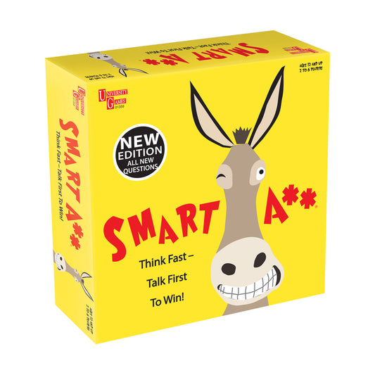 Smart A** Ultimate Trivia Board Game box with bright yellow packaging, cartoon donkey character with large ears and grinning face, red text reading "SMART A**"