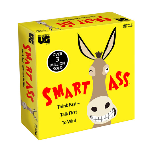 Smart Ass board game box with bright yellow packaging, cartoon donkey character, and tagline 'Think Fast—Talk First To Win!' Ages 12 and up, 2 to 6 players