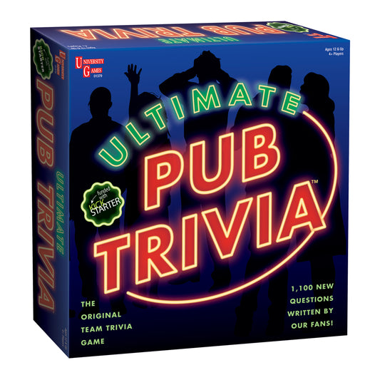 Ultimate Pub Trivia board game box with neon lettering on dark blue background, silhouettes of players, and 1,100 new fan-written questions