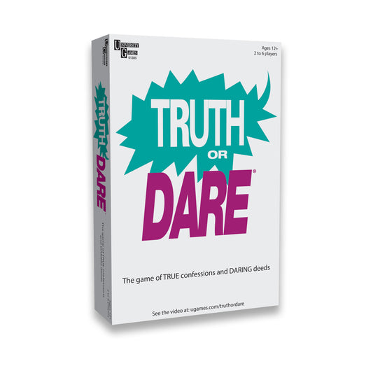 Truth or Dare Ultimate Party Game box by University Games, ages 12+, 2 to 6 players, featuring teal and magenta text on white packaging