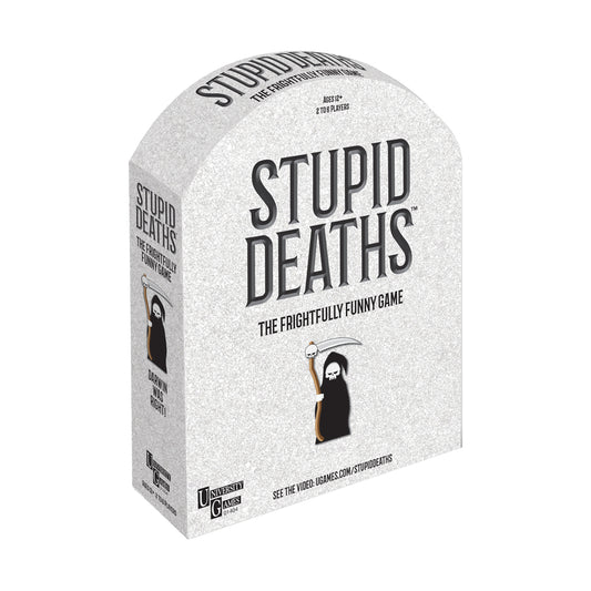 Stupid Deaths board game box with white packaging, black grim reaper illustration, and text reading "The Frightfully Funny Game", ages 10+, 2 to 6 players
