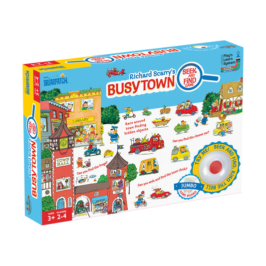 Richard Scarry's Busytown Seek and Find board game box showing colorful town scene with vehicles, buildings, and characters to find, includes jumbo game board a