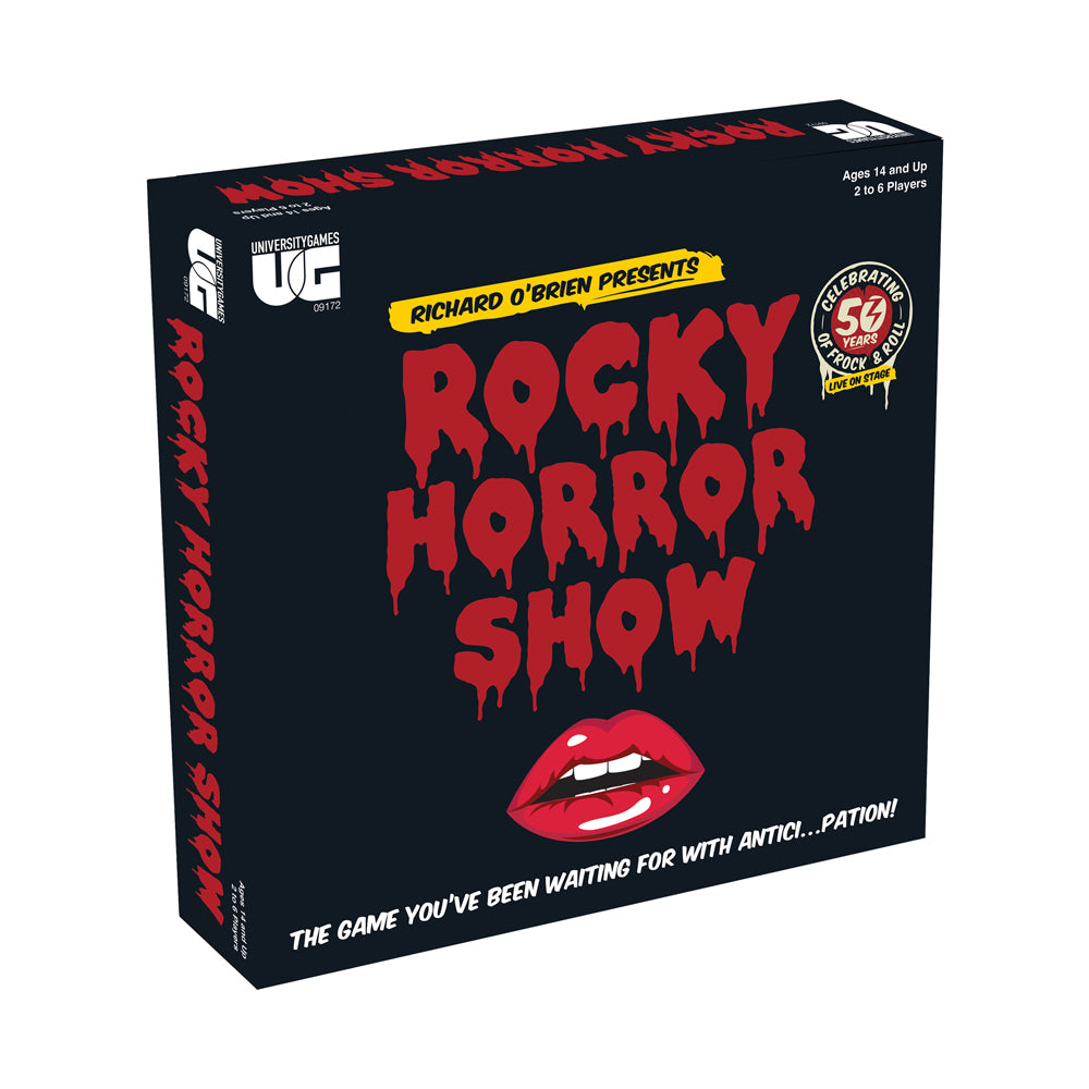Rocky Horror Show 50th Anniversary Edition board game box with black background, red dripping title text, red lips graphic, and yellow banner reading 'Richard O